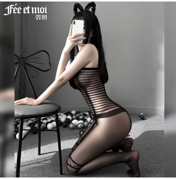 FEE ET MOI Sexy See Through Fake Bundling Open File Body Stocking (Black)